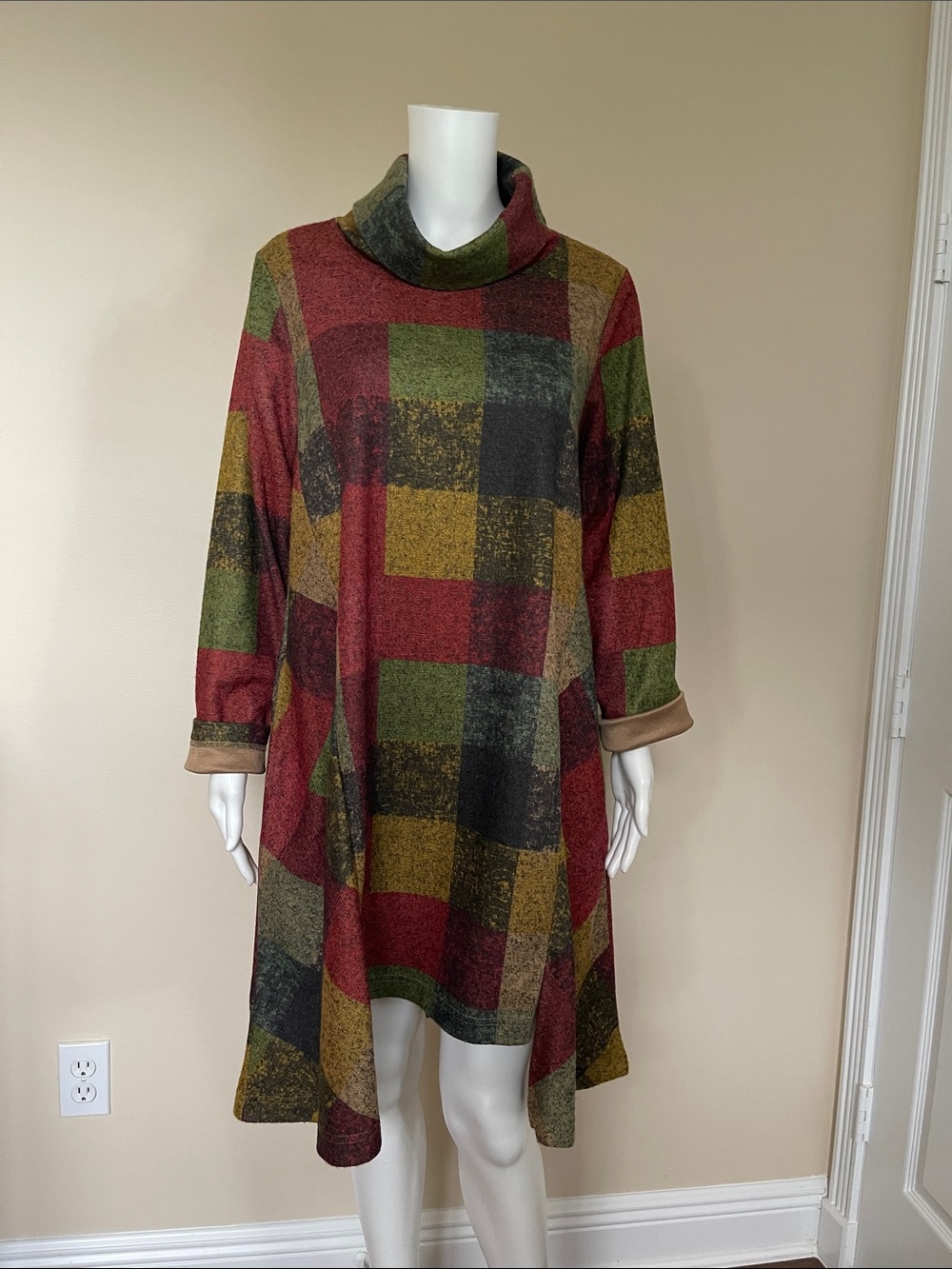 BUYKUD Cozy Plaid Cowl Neck Tunic Sweater - Multi Color